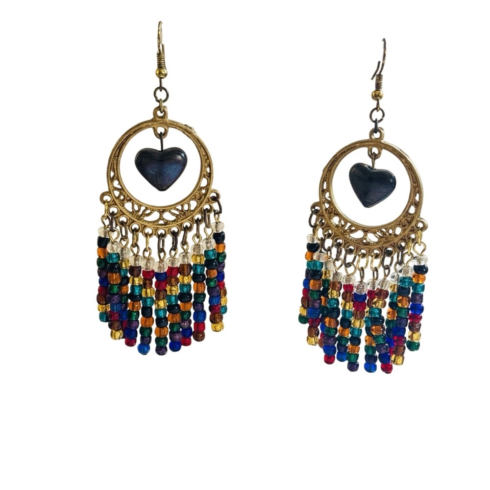 VTG Heart Hoop Earrings Chandelier statement dangle Pierced Boho Glass Beads 80s